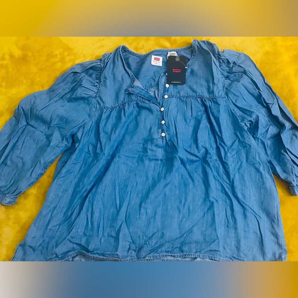 2 Piece Bundle - Levi's Women's Blue Chambray Peasant Blouse and White Lace Top